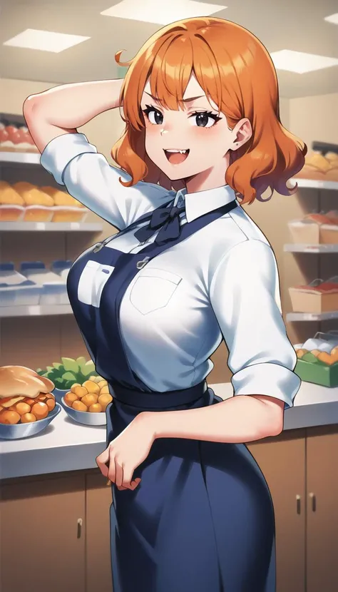 score_9, score_8_up, score_7_up, score_6_up, score_5_up, source_anime, 1girl, solo, orange hair, medium hair, wavy hair, hair ornament, black eyes, (smug, grin), open mouth, (laughing, sound effects), employee uniform, collared shirt, nametag, standing at cashier, indoors, inside supermarket, pov, waist shot, side view, looking at viewer, <lora:PressmarkStyleV1_PonyXL:1>