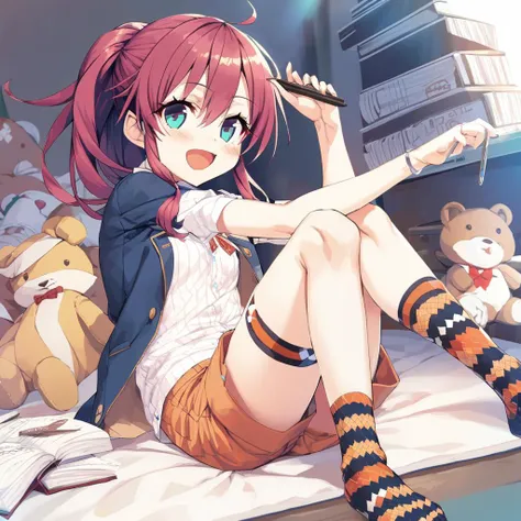 best_quality,masterpiece,<lora:CURA_SDXL_V1:1>,migita hibiki,1girl,shorts,smile,solo,open mouth,teddy bear,stuffed animal,stuffed toy,shirt,red hair,orange shorts,short sleeves,argyle,looking at viewer,:d,jacket,socks,white shirt,holding,argyle legwear,striped,open jacket,short shorts,open clothes,blush,aqua eyes,blue eyes,long hair,