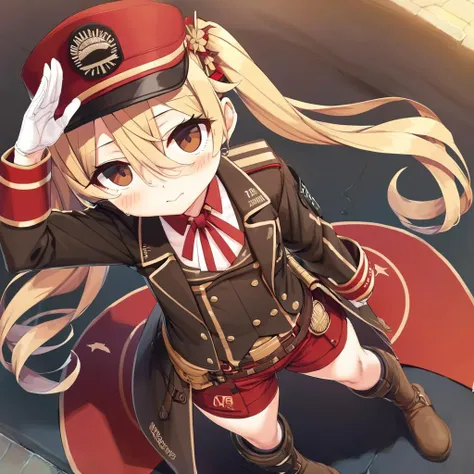 best_quality,masterpiece,<lora:CURA_SDXL_V1:1>,olivi,1girl,blonde hair,solo,twintails,hat,gloves,shorts,white gloves,salute,long hair,boots,looking at viewer,brown eyes,blush,coat,military hat,sweat,from above,red shorts,short shorts,standing,flower,long sleeves,vest,open clothes,peaked cap,hair between eyes,hair ornament,