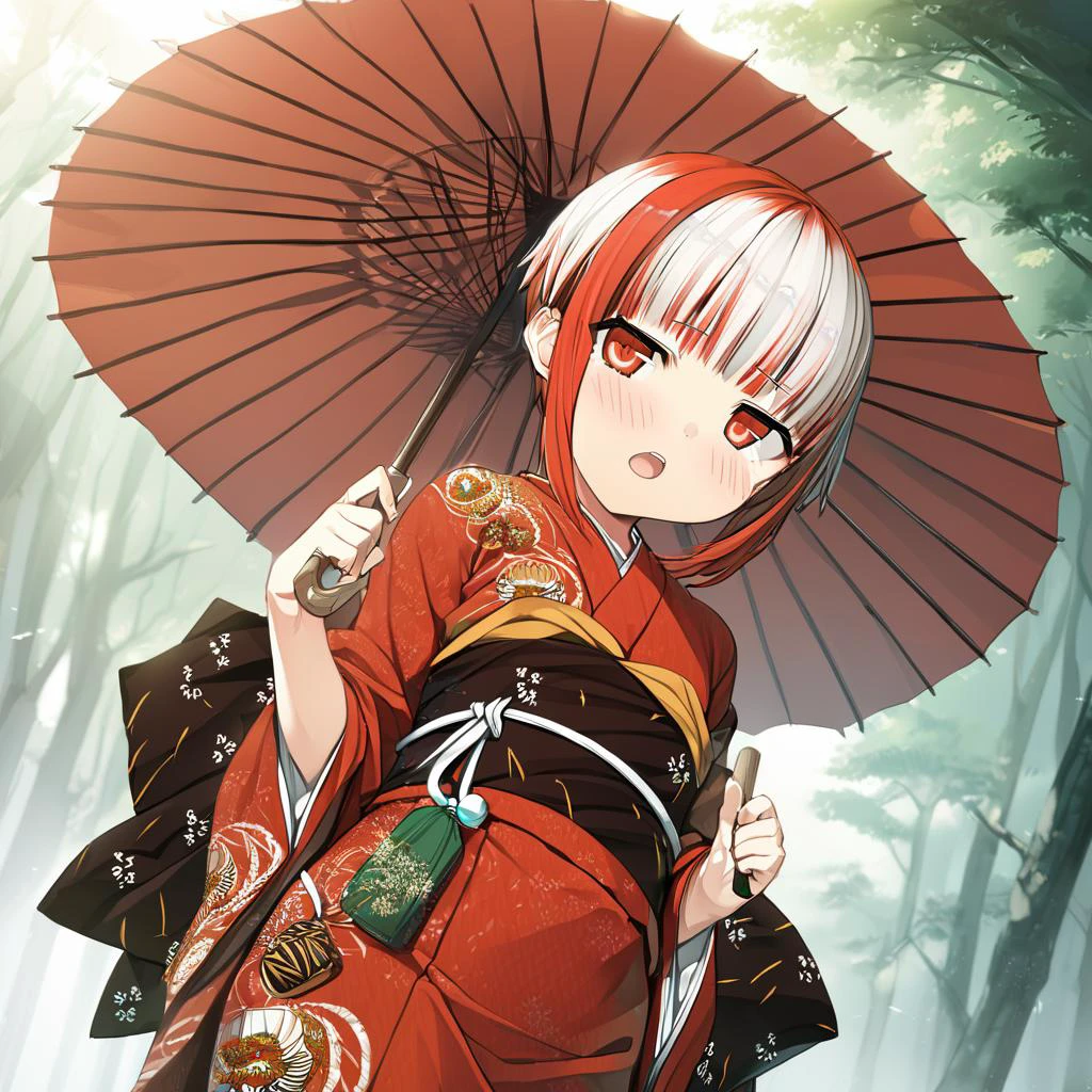 best_quality,masterpiece,<lora:CURA_SDXL_V1:1>,sumi,1girl,multicolored hair,kimono,japanese clothes,umbrella,open mouth,red hair,white hair,short hair,solo,sash,blush,obi,looking at viewer,red kimono,two-tone hair,red eyes,oil-paper umbrella,bangs,blunt bangs,streaked hair,