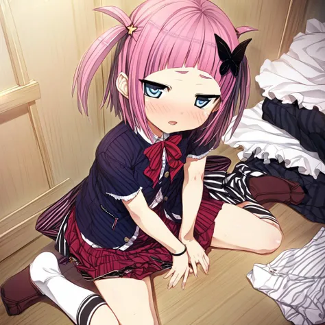 best_quality,masterpiece,<lora:CURA_SDXL_V1:1>,takijorou,solo,1girl,pink hair,hair ornament,short hair,skirt,blue eyes,two side up,blush,butterfly hair ornament,socks,petite,