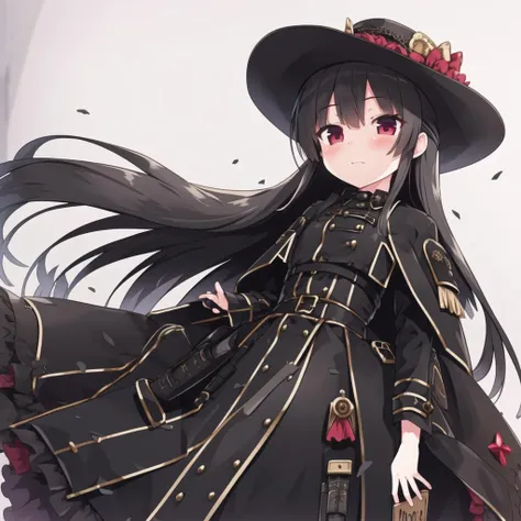 best_quality,masterpiece,1_girl, <lora:cura:0.8>, cowboy shot,hat, beautiful detailed black gothic Empire Waist Dress, coat, black gauze skirt, black hair, long hair