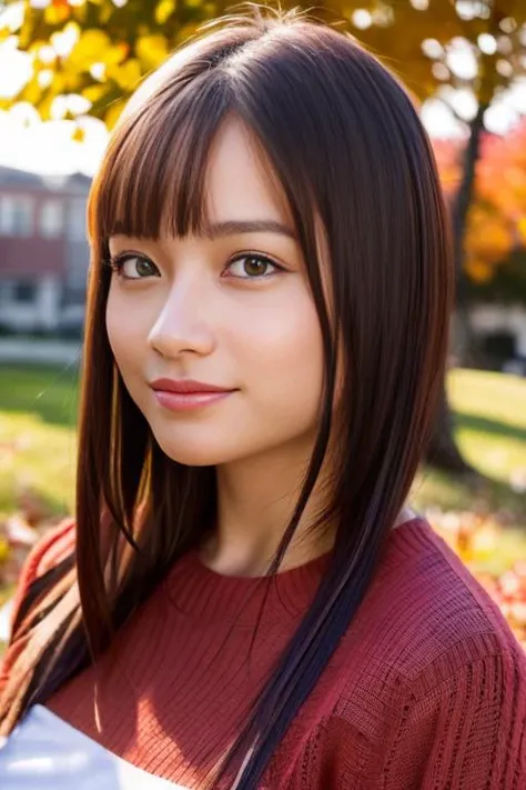 1girl,(wearing a sweater:1.2),(RAW photo, best quality), (realistic, photo-realistic:1.4), masterpiece, an extremely delicate and beautiful, extremely detailed, 2k wallpaper, Amazing, finely detail, extremely detailed CG unity 8k wallpaper, ultra-detailed, highres, soft light, beautiful detailed girl, extremely detailed eyes and face, beautiful detailed nose, beautiful detailed eyes,cinematic lighting,autumn scenery,sunlight,maple trees in autumn,perfect anatomy,slender body,smiling, <lora:hashimotokanna_lora:0.8>