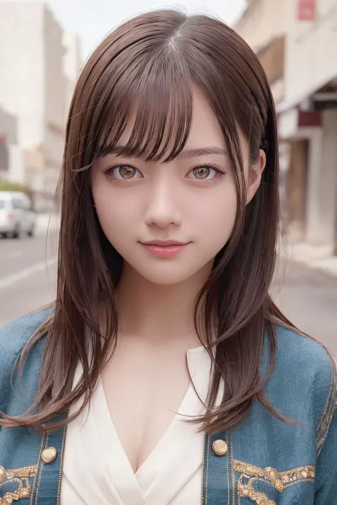 1 girl in street, (cowboy shot:1.2), detailed beautiful face, smile, bangs, realistic brown eyes, makeup, perfect skin, intricate details, masterpiece, high quality, (ultra highres), soft lighting, ray tracing, photorealistic, physically-based rendering, <lora:hashimotokannaJPIdol_v15:0.9>