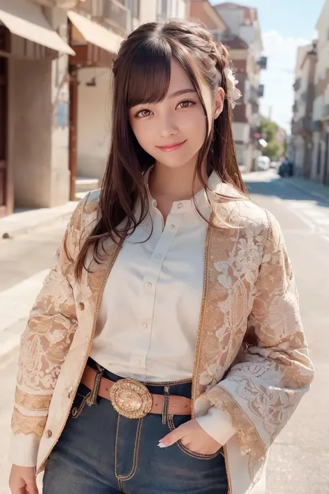 1 girl in street, (cowboy shot:1.2), detailed beautiful face, smile, bangs, realistic brown eyes, makeup, perfect skin, intricate details, masterpiece, high quality, (ultra highres), soft lighting, ray tracing, photorealistic, physically-based rendering, <lora:hashimotokannaJPIdol_v15:0.9>