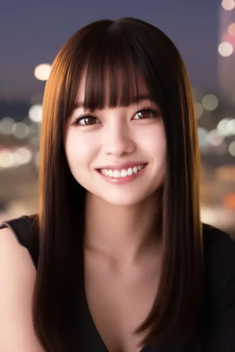 1girl, parted lips, upper teeth, (smile eyes:0.6),kawaii,Japanese, detailed black eyes,
,cinematic lighting,city lights at night,perfect anatomy,,smiling
<lora:hashimotokanna_lora:0.7> hashimotokanna,hair with bangs,