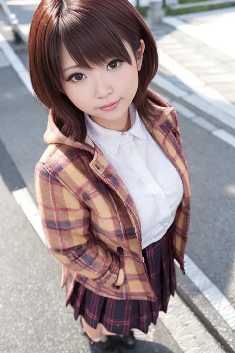 1girl, coat, hood, jacket, ((duffle coat)), down jacket, lips, lipstick, plaid, plaid_skirt, realistic, skirt, solo, standing, best quality, photorealistic, masterpiece, 8k, high res, solo, (((woman))), (medium breast), ((looking at the viewer)), (looking at the camera), (short hair), (professional lighting, bokeh),top angle view, extremely detailed face, fashionable and trendy atmosphere, japan, street, park, river, sakura, sakura blossom, ((daytime)), (portrait:0.6), seductive smile, gorgeous, floating hair, (light particles, lens flare, glowing particles:0.6), (dynamic pose:1.2), soft lighting, brown hair, full body, narrow face, smile, <lora:nanazawaruri:0.8>