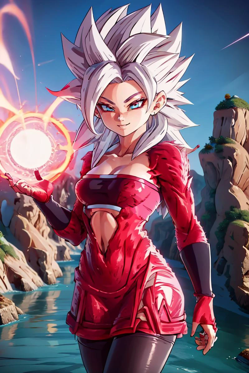 <lora:redice-concept-richy-v1:1.3>, redice, red theme, (red glow,:1.1) , big ice crystals, snowy mountains, Energy_Ball,
<lora:ricegnat_style:0.5>,((masterpiece,best quality)), absurdres, red energy, aura, red electricity, <lora:Super_Saiyan_4_Caulifla:0.8>, Super_Saiyan_4_Caulifla, (white hair:1.1), multi-colored hair, blue clothes, black shirt, black dress, sleeveless, solo, smiling, smug, looking at viewer, cowboy shot, cinematic composition, <lora:Energy_Ball:0.5>,