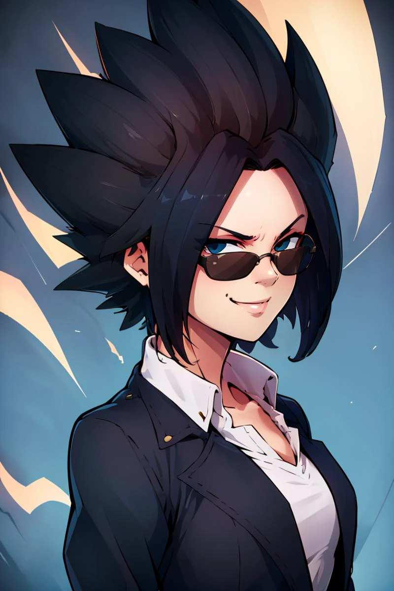 ((masterpiece,best quality)), absurdres, (black sunglasses),
<lora:Caulifla_DB_v3_Anime:0.8>, Caulifla_DB, jacket, white shirt,
solo, smiling, smug,
looking at viewer, upper body, portrait, cinematic composition, <lora:ricegnat_style:0.8>,