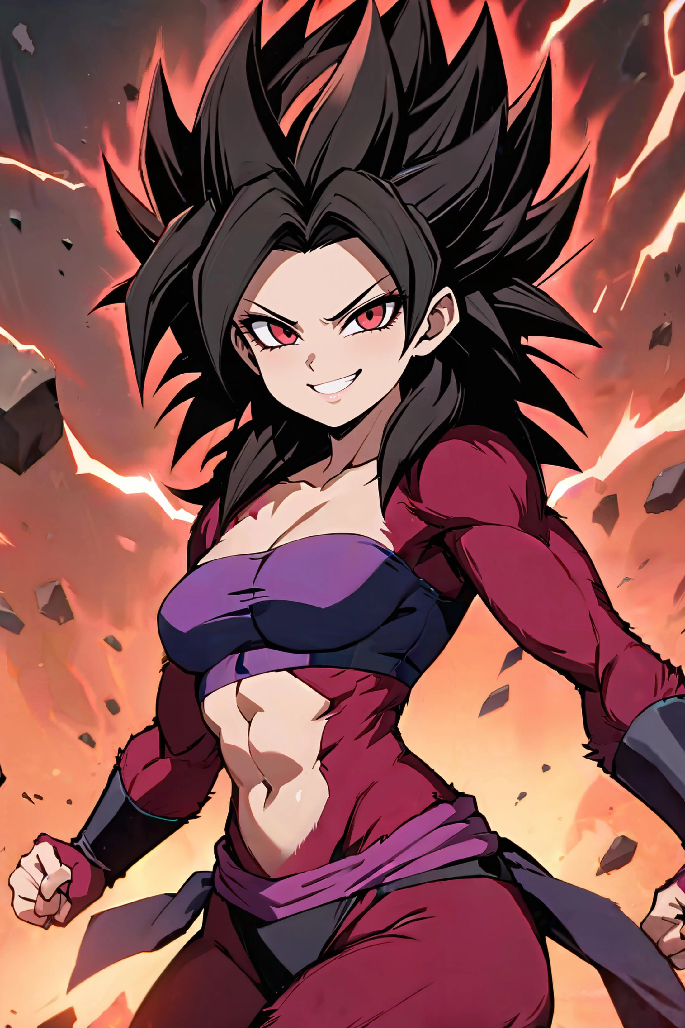 ((masterpiece,best quality)), (highres:1.1), detailed face, detailed red eyes, arch lightning, electricity, aura, Super_Saiyan_4_Caulifla, 1girl, (crop top:1), pants, long black hair, body fur, red fur, solo, smile, smug, clenched_fist, looking at viewer, cowboy shot,glowing, aura, energy, beam, flying debris, floating hair, ,<lora:Super_Saiyan_4_Caulifla_SDXL-000006:0.7>