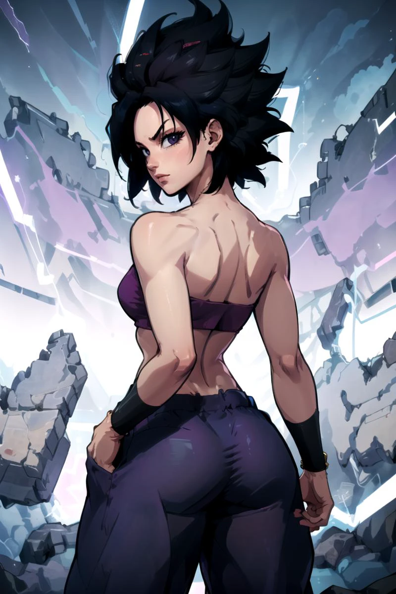 ((masterpiece,best quality)), absurdres,
<lora:Caulifla_DB_v3_Anime:0.8>, Caulifla_DB, bare shoulders, midriff, purple baggy pants, strapless, pink tube top, black eyes, bracelets,
solo, sliming, smug, , from behind,
energy, electricity, aura,
looking at viewer, cowboy shot, cinematic composition,