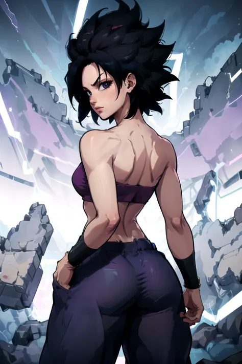 ((masterpiece,best quality)), absurdres, 
<lora:Caulifla_DB_v3_Anime:0.8>, Caulifla_DB, bare shoulders, midriff, purple baggy pants, strapless, pink tube top, black eyes, bracelets, 
solo, sliming, smug, , from behind, 
energy, electricity, aura, 
 looking at viewer, cowboy shot, cinematic composition,