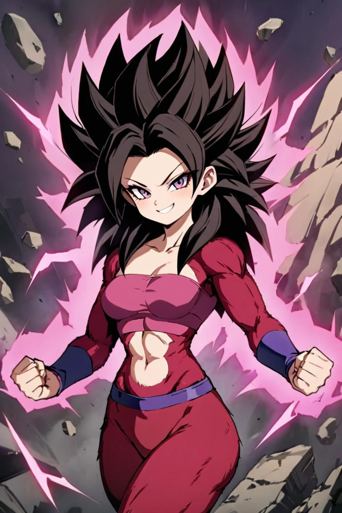 ((masterpiece,best quality)), (highres:1.1), detailed face, arch lightning, electricity, aura, Super_Saiyan_4_Caulifla, 1girl, (crop top:1), pants, long black hair, body fur, red fur, solo, smile, smug, clenched_fist, looking at viewer, cowboy shot,glowing, aura, energy, beam, flying debris, floating hair, ,<lora:Super_Saiyan_4_Caulifla_SDXL-000006:0.7>