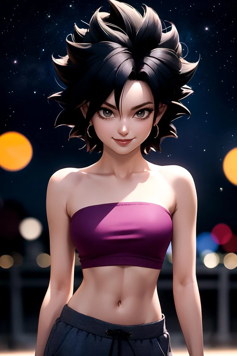 centered, award winning upper body portrait, cowboy shot, (looking at viewer:1.2), | solo, standing, smile, smug, Caulifla_DB, bare shoulders, midriff, baggy pants, | space, stars, planet, | bokeh, depth of field, cinematic composition, | dynamic pose, <lora:Caulifla_DB:0.6>