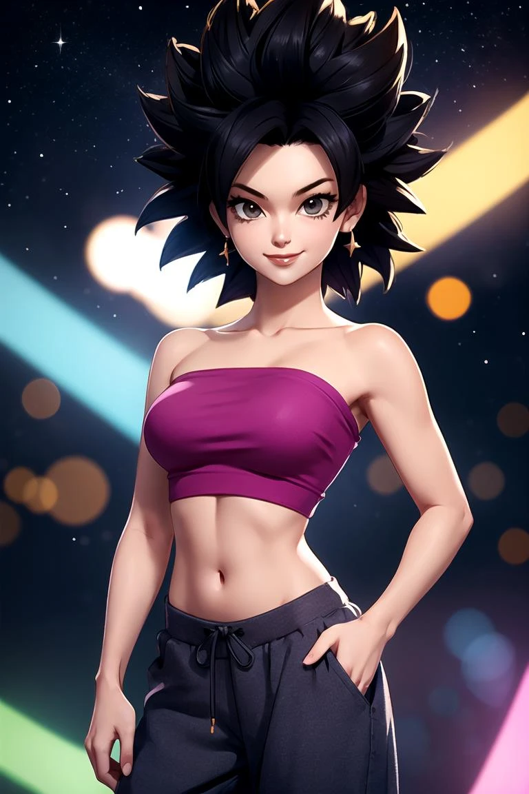 centered, award winning upper body portrait, cowboy shot, (looking at viewer:1.2), | solo, standing, smile, smug, Caulifla_DB, bare shoulders, midriff, baggy pants, | space, stars, planet, | bokeh, depth of field, cinematic composition, | dynamic pose, <lora:Caulifla_DB:0.6>
