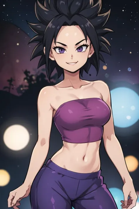 centered, award winning upper body portrait, cowboy shot, (looking at viewer:1.2), | solo, standing, smile, smug, Caulifla_DB,  bare shoulders, midriff, baggy purple pants, | space, stars, planet, | bokeh, depth of field, cinematic composition, |  dynamic pose, contrapposto, <lora:Caulifla_DB_Anime:0.6>,