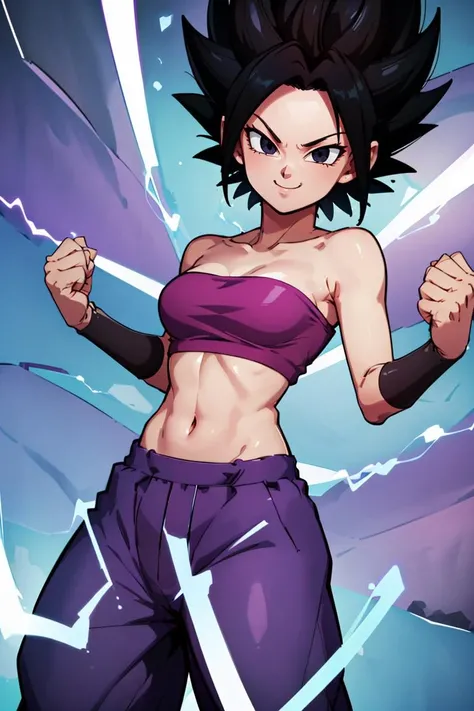 ((masterpiece,best quality)), absurdres, <lora:dbsuper_style_offset:0.7>, dbsuper style,
<lora:Caulifla_DB_v3_Anime:0.7>, Caulifla_DB, bare shoulders, midriff, purple baggy pants, strapless, pink tube top, black eyes,
solo, smiling, smug, clenched fists,
electric energy,
looking at viewer, cowboy shot, cinematic composition,,