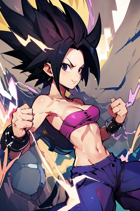 ((masterpiece,best quality)), absurdres,
<lora:Caulifla_DB_v3_Anime:0.8>, Caulifla_DB, bare shoulders, midriff, purple baggy pants, strapless, pink tube top, black eyes, bracelets,
solo, sliming, smug, clenched fists, side view,
energy, electricity, aura,
looking at viewer, cowboy shot, cinematic composition,