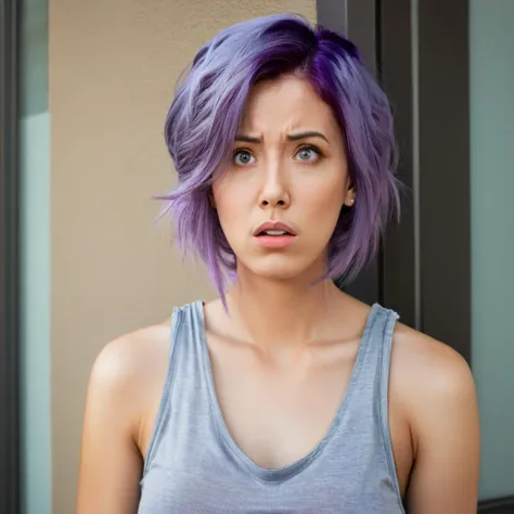 <lora:aratama_v2:0.9>, aratama, 1girl, solo, purple hair, realistic photo of a woman, grey tanktop, surprised expression, headshot, low angle, diagonal view