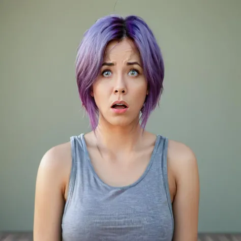 <lora:aratama_v2:0.9>, aratama, 1girl, solo, purple hair, realistic photo of a woman, grey tanktop, surprised expression, headshot, low angle, diagonal view