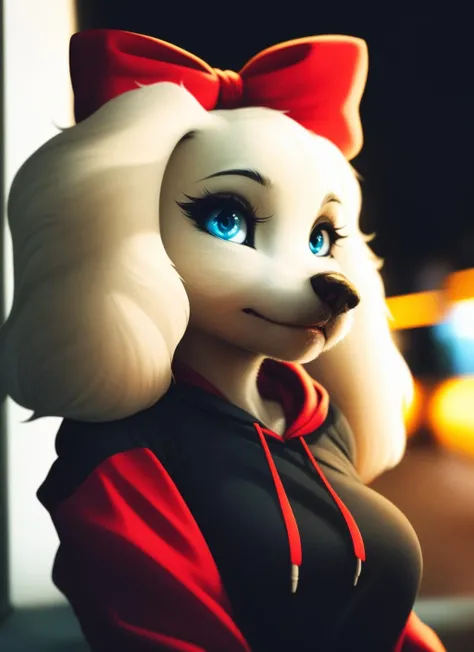 fayspaniel, furry female anthro, portrait, close-up, red bow, (hoodie:1.2),  solo, (body fur:1.2), (best quality), (detailed urban background:1.2), dramatic lighting, (detailed fluffy fur:1.1), looking at viewer,  medium breasts, animal ears,  <lora:fayspaniel-v1:1>