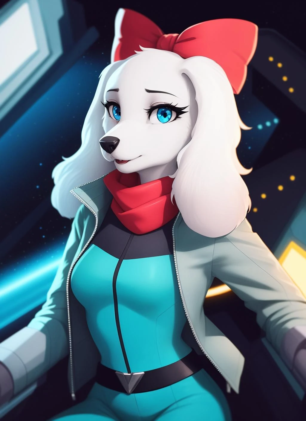 fayspaniel, furry female anthro, portrait, close-up, red bow, aqua jumpsuit, cropped jacket, grey jacket, red scarf, belt, solo, (body fur:1.2), (best quality), (detailed space jet background:1.2), dramatic lighting, (detailed fluffy fur:1.1), looking at viewer, medium breasts, white ears, <lora:fayspaniel-v1:1>