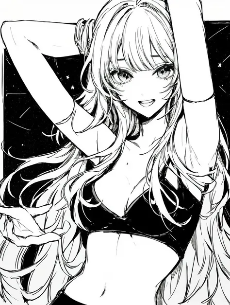 Sketch by NTY, white background, girl, watching the stars, masterpiece, best quality, long hair, charming, dynatic pose, excited, 
<lora:SketchStyle:0.7>