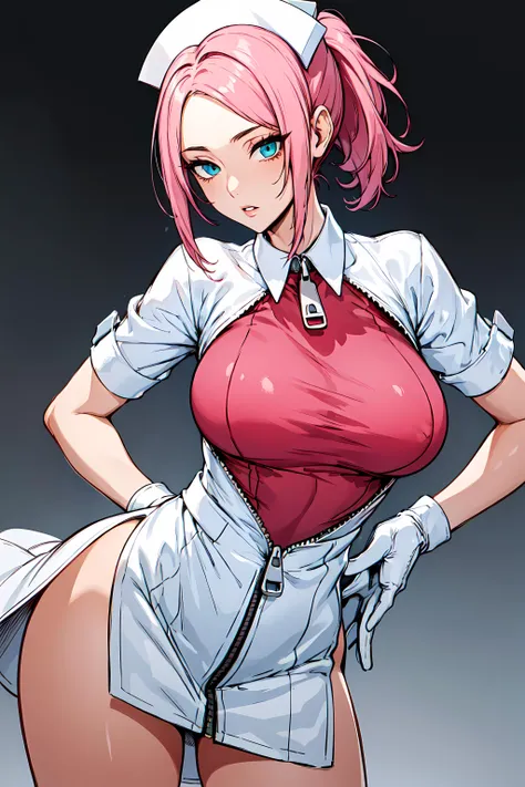 best quality, extremely detailed,
8k, high res,
<lora:hews style by goofy ai:0.4> <lora:cutesexyrobutts_v2:0.2> <lora:puuzaki-puuna-lora-v1:0.2> <lora:Kenshin187:0.><lora:SketchStyle:0.2>
<lora:Maki Yoko_20230823184820:0.><lora:izumirika_lora:0.> <lora:shinonomeumi_lora:0.>
<lora:Round_Breasts_V7:0.4>ROUND , 
(simple background,:1.2),
1girl, slender, waist, (muscular:0.8),
<lora:Garn3tRumble:0.6>GARN3TRUMBLE, SHORT HAIR, WHITE GLOVES, WHITE DRESS, PINK HAIR, SHORT SLEEVES, RED HAIR, , AQUA EYES, WHITE HEADWEAR,
SHORT DRESS, SIDE SLIT, ZIPPER, FOLDED PONYTAIL, NURSE CAP, COLLARED DRESS, UNZIPPED, LEOTARD UNDER CLOTHES, PINK LEOTARD, 
firtatious glance,  parted lips ,
cinematic angle, dynamic shot
standing,  pose, hand to hip