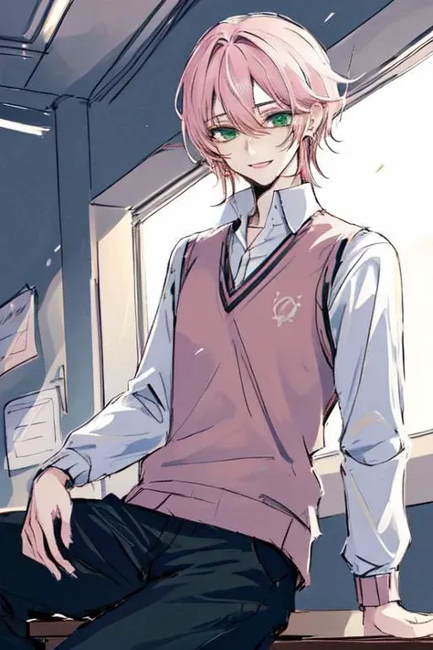 1boy, light pink hair, tsurime, narrowed eyes, pixie cut, hair between eyes, earrings, long sleeves, male focus, solo, green eyes, smile, sweater vest, pants, sketch by nty, school interior,  on desk, <lora:SketchStyle:0.7>