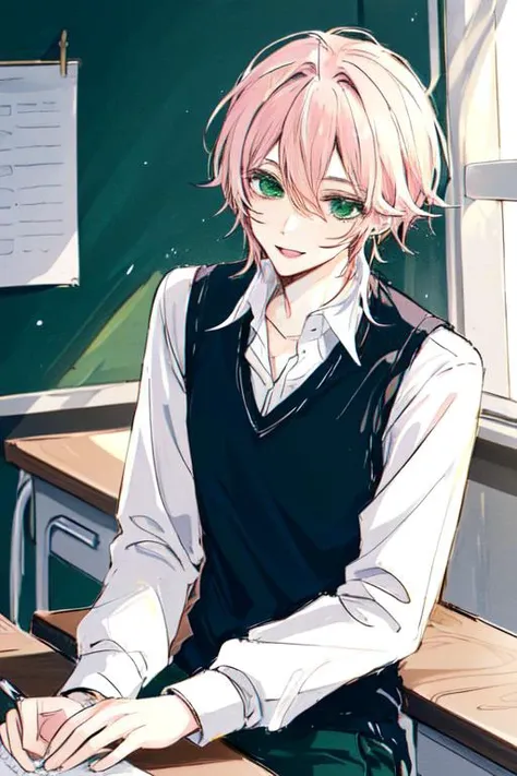 1boy, light pink hair, tsurime, narrowed eyes, pixie cut, hair between eyes, earrings, long sleeves, male focus, solo, green eyes, smile, sweater vest, pants, sketch by nty, school interior,  on desk, <lora:SketchStyle:0.7>