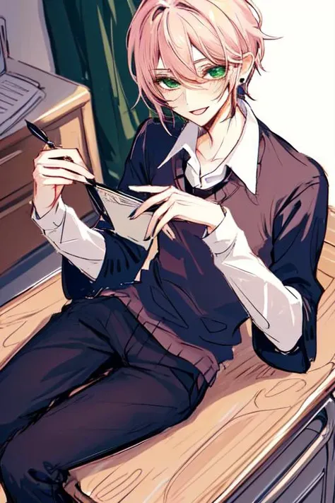 1boy, light pink hair, tsurime, narrowed eyes, pixie cut, hair between eyes, earrings, long sleeves, male focus, solo, green eyes, smile, sweater vest, pants, sketch by nty, school interior,  on desk, <lora:SketchStyle:0.7>