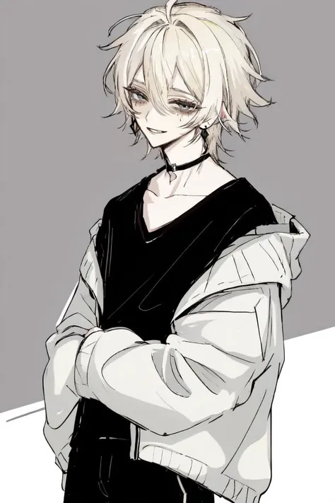 1boy, light platinum blonde hair, tsurime, narrowed eyes, pixie cut, hair between eyes, earrings, jewelry, long sleeves, male focus, solo, gray eyes, smile, smug, choker, punk, black shirt, off shoulder, pants, sleeves past wrists, sketch by nty, school interior, standing, leaning , <lora:SketchStyle:0.7>, <lora:Tsurime3:1>tsurime, Bags under eyes <lora:bags under eyes:0.85>,