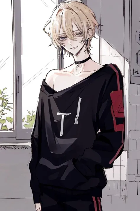 1boy, light platinum blonde hair, tsurime, narrowed eyes, pixie cut, hair between eyes, earrings, jewelry, long sleeves, male focus, solo, gray eyes, smile, smug, choker, punk, black shirt, off shoulder, pants, sleeves past wrists, sketch by nty, school interior, standing, leaning , <lora:SketchStyle:0.7>, <lora:Tsurime3:1>tsurime, Bags under eyes <lora:bags under eyes:0.85>,