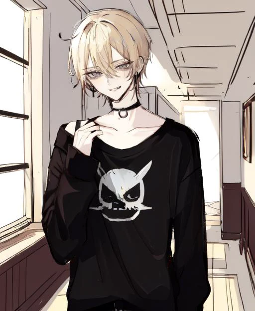 1boy, light platinum blonde hair, tsurime, narrowed eyes, pixie cut, hair between eyes, earrings, jewelry, long sleeves, male focus, solo, gray eyes, smile, smug, choker, punk, black shirt, off shoulder, pants, sleeves past wrists, sketch by nty, school interior, standing, leaning , <lora:SketchStyle:0.7>, <lora:Tsurime3:1>tsurime, Bags under eyes <lora:bags under eyes:0.85>,