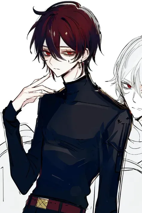 1boy, black hair, tsurime, narrowed eyes, pixie cut, hair between eyes, earrings, jewelry, long sleeves, male focus, solo, red eyes, deadpan, expressionless, black shirt, turtleneck, pants, sleeves past wrists, sketch by nty, (waist-up:1.1), <lora:SketchStyle:0.6>, <lora:Tsurime3:1>tsurime, Bags under eyes <lora:bags under eyes:1>,