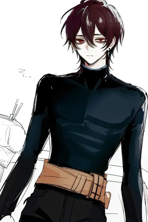 1boy, black hair, tsurime, narrowed eyes, pixie cut, hair between eyes, earrings, jewelry, long sleeves, male focus, solo, red eyes, deadpan, expressionless, black shirt, turtleneck, pants, sleeves past wrists, sketch by nty, (waist-up:1.1), <lora:SketchStyle:0.6>, <lora:Tsurime3:1>tsurime, Bags under eyes <lora:bags under eyes:1>,