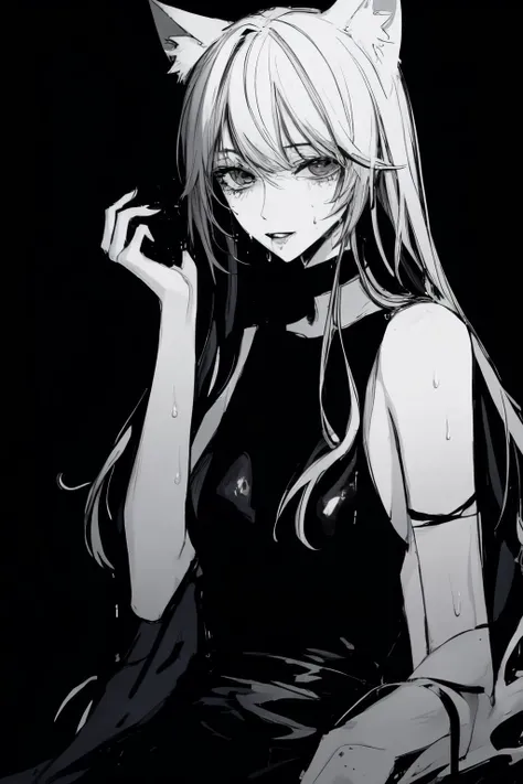 sketch by NTY,  black background, woman, cat ears, soaking wet  <lora:SketchStyle:0.7>  <lora:LowRA:0.7>