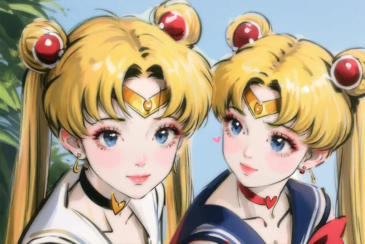 1girl, bangs, blonde hair, blue eyes, blue sailor collar, chch-style, choker, circlet, cleavage, closed mouth, collarbone, crescent, crescent earrings, earrings, hair bun, hair over shoulder, heart, heart choker, jewelry, long hair, meme, parted bangs, red choker, sailor collar, sailor moon, sailor moon redraw challenge \(meme\), sailor senshi uniform, solo, tsukino usagi, twintails, upper body