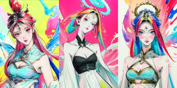 (otherworldly), highly insanely detailed, masterpiece, top quality, best quality, highres, 4k, 8k, RAW photo, (very aesthetic, beautiful and aesthetic), cleavage cutout, a colorful background, multicolored background, asymmetrical breasts, asymmetrical clothes,
chch-style, circlet,watercolor \(medium\), painting \(medium\)
<lora:chichi-v1fix-lora-32dim-8ep-novae-newcraft:0.8>, (fantasy world)