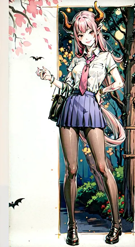 1 girl, chch-style,  Succubus, full body, long legs, standing, sexy pose, pantyhose, (school uniform), best quality, (smile:1.2), (Jpop:1.08), (cute eye makeups:1.1), pubic hair, round breasts,  tail, horn, (pink hair:1.2),dark lighting, forest, bloody,  tattoo, moon, bat,