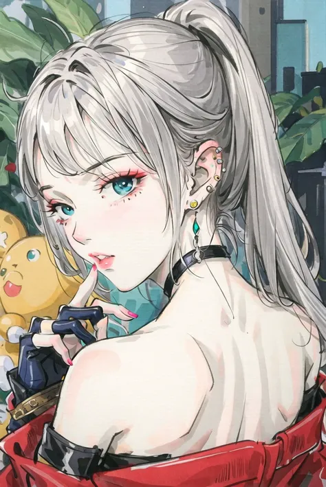 1girl, aqua eyes, back, bangs, bare shoulders, black gloves, blue eyes, braid, choker, earrings, fingerless gloves, from behind, gloves, grey hair, holding, jacket, jewelry, long hair, looking at viewer, looking back, nail polish, off shoulder, parted lips, piercing, ponytail, red jacket, solo, upper body,baiyi,[[realistic]],(shiny skin),(masterpiece:1.4),(best quality:1.4),chch-style