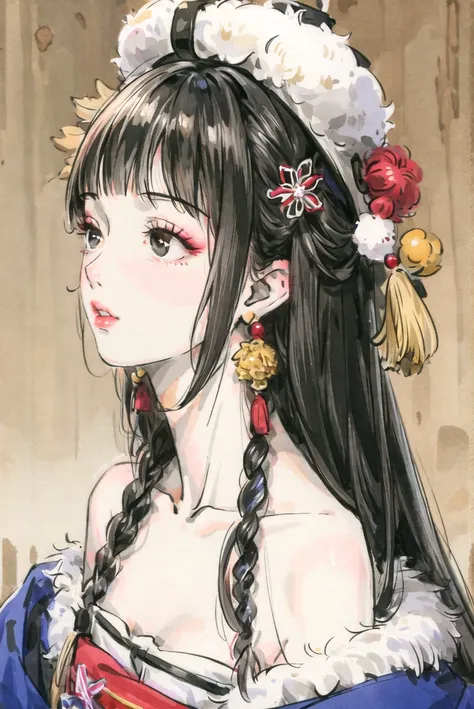 1girl, bangs, bare shoulders, black eyes, black hair, blunt bangs, collarbone, hair ornament, hair stick, hair tubes, hat, hime cut, japanese clothes, lips, long hair, looking to the side, makeup, pom pom \(clothes\), solo, tokin hat, upper body,(masterpiece:1.4),(best quality:1.4),(shiny skin),chch-style