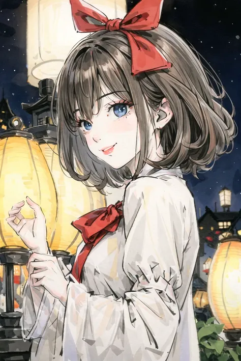 (extremely delicate and beautiful:1.2),1girl,fashi-girl, bangs, blue eyes, blurry, blurry background, bow, brown hair, closed mouth, from side, hair between eyes, hair bow, lantern, light particles, long sleeves, looking at viewer, medium hair, night, red bow, solo, star \(symbol\), upper body,smile,red lips,chch-style