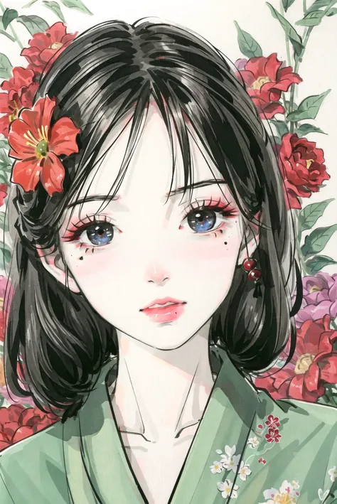 masterpiece,best quality,absurdres,original,extremely delicate and beautiful,beautiful detailed eyes and face,1girl, black_hair, flower, japanese_clothes, looking_at_viewer, mole, red_flower, solo,(masterpiece:1.4),(best quality:1.4),chch-style