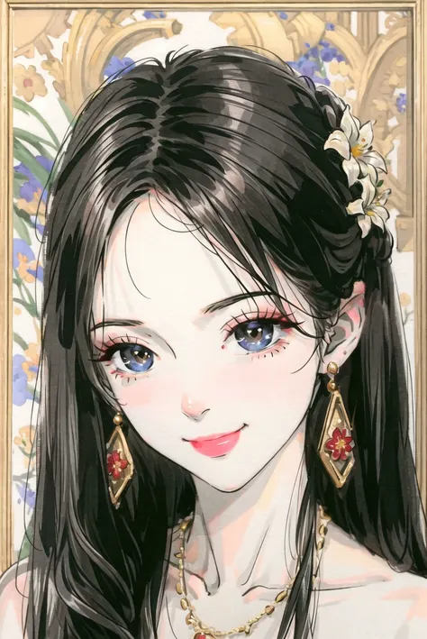 1girl, black hair, closed mouth, earrings, flower, hair ornament, jewelry, long hair, looking at viewer, necklace, portrait, smile, solo, upper body,(shiny skin),(masterpiece:1.4),(best quality:1.4),chch-style