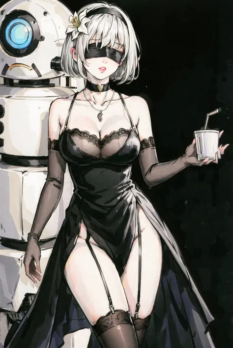 1girl, bare shoulders, black background, black blindfold, black choker, black dress, black hairband, black thighhighs, blindfold, choker, cleavage, collarbone, covered eyes, cup, dress, elbow gloves, facing viewer, flower, garter straps, gloves, hair flower, hair ornament, hairband, holding, holding cup, jewelry, large breasts, necklace, plunging neckline, pod \(nier automata\), robot, short hair, side slit, thighhighs, thighs, white flower, white hair, yorha no. 2 type b,masterpiece,best quality,chch-style