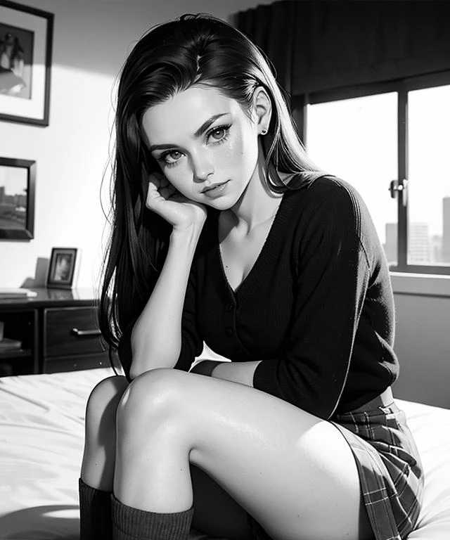 1950s America \(style\) photo of 20 year old jp-Poppy ,Brunette hair in ponytail, innocent gaze, short pleated skirt, white blouse, knee high socks, Suburban American street, Nikon S2 with 50mm f/1.4, 1/60s, ISO 100, Kodak Tri-X