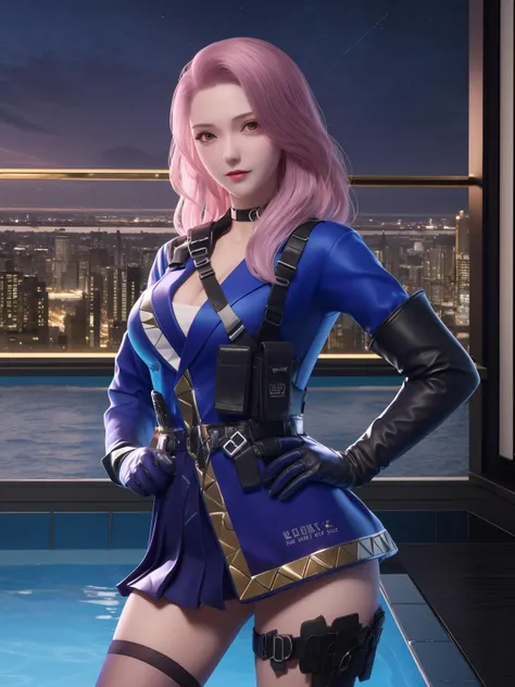 CFyunyouyou, 1girl,solo, gloves, pink hair, choker,dress,elbow gloves, black thighhighs, medium hair,belt,holster,looking at viewer, cityscape, night, pool,cowboy shot, <lora:CFyunyouyouGF:0.75>