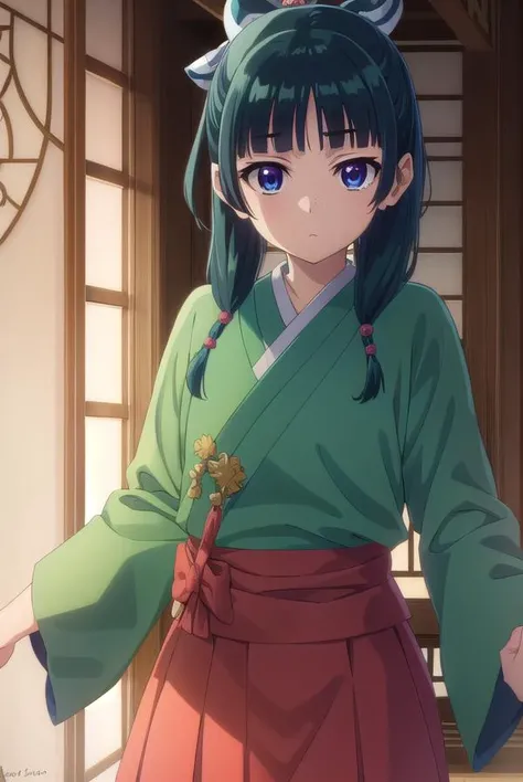 kusuriyamaomao, <lora:kusuriya maomao s1-lora-nochekaiser:1>,
maomao, long hair, bangs, blue eyes, hair ornament, green hair, blunt bangs, freckles, hair bun, single hair bun,
BREAK japanese clothes, robe, green robe, long sleeves, wide sleeves, skirt, red skirt,
BREAK indoors,
BREAK looking at viewer, (cowboy shot:1.5),
BREAK <lyco:GoodHands-beta2:1>, (masterpiece:1.2), best quality, high resolution, unity 8k wallpaper, (illustration:0.8), (beautiful detailed eyes:1.6), extremely detailed face, perfect lighting, extremely detailed CG, (perfect hands, perfect anatomy),