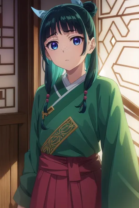 kusuriyamaomao, <lora:kusuriya maomao s1-lora-nochekaiser:1>,
maomao, long hair, bangs, blue eyes, hair ornament, green hair, blunt bangs, freckles, hair bun, single hair bun,
BREAK japanese clothes, robe, green robe, long sleeves, wide sleeves, skirt, red skirt,
BREAK indoors,
BREAK looking at viewer, (cowboy shot:1.5),
BREAK <lyco:GoodHands-beta2:1>, (masterpiece:1.2), best quality, high resolution, unity 8k wallpaper, (illustration:0.8), (beautiful detailed eyes:1.6), extremely detailed face, perfect lighting, extremely detailed CG, (perfect hands, perfect anatomy),
